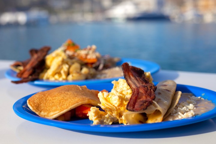 food on a blue plate